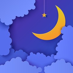 Wall Mural - Night sky in paper cut style. 3d background with blue cloudy landscape with star on rope and moon papercut art. Cute cardboard origami clouds. Vector card for wish good night sweet dreams.