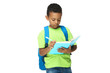 © 5second - Young African American school boy writing in notepad with backpack on white background