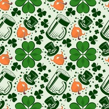 St. Patrick's Day Seamless Pattern With Beer Mugs And Leprechaun.  Vector Illustration.