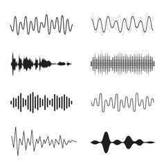 Set of sound waves. Analog and digital line waveforms. Musical sound waves, equalizer and recording concept. Electronic sound signal, voice recording