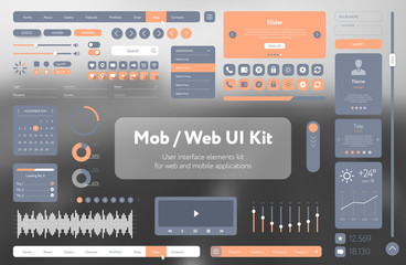 Fototapete - Orange user interface template responsive design, tools and buttons. Vector UI UX kit for mobile applications and web sites. Flat menu icons control elements on black and white monochrome background.
