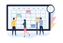 Concept Of Online Schedule Planning. Scheduling Work For The Week, Time Management, Business Meetings, Calendar. Flat Vector Illustration On White Background. Web Banner, Infographic, Template.
