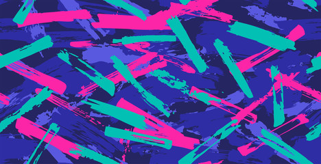 seamless camouflage pattern of brush strokes with neon flowers, perfect for clothes. light green, bl