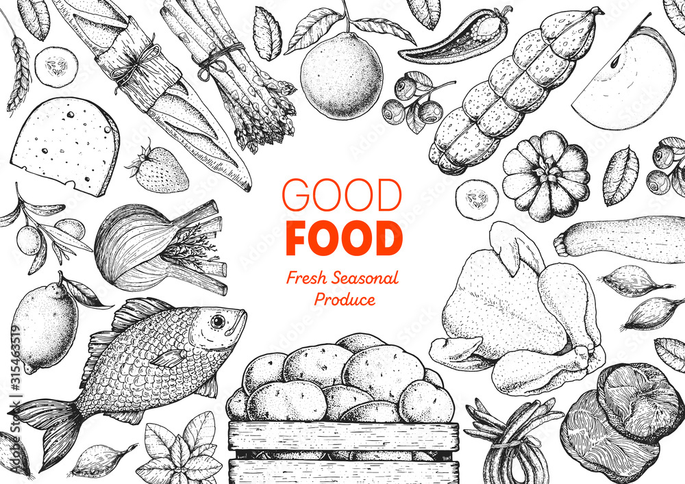 Organic food illustration. Farmers market design elements. Hand drawn sketch. Various food frame. Good food store concept. - obrazy, fototapety, plakaty 
