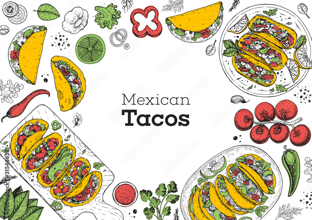 Tacos cooking and ingredients for tacos, sketch illustration. Mexican cuisine frame. Fast food menu design elements. Tacos hand drawn frame. Mexican food - obrazy, fototapety, plakaty 