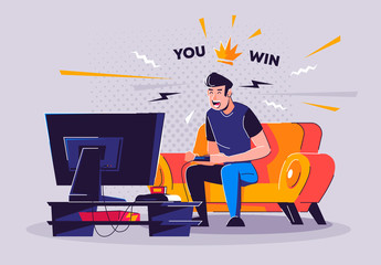 Vector illustration of a man with a video game joystick, sitting on a sofa in front of the TV, a man playing video games, winning a video game