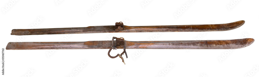 A pair of old-fashioned wooden skis isolated on a white background - obrazy, fototapety, plakaty 