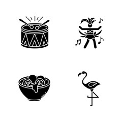 Brazilian carnival black glyph icons set on white space. Traditional music. Arancini. Festive drum parade. National festival. Samba. Local cuisine. Silhouette symbols. Vector isolated illustration