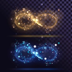 golden and blue signs of infinity with blurred dust, mobius strips of sparks