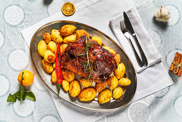 Wall Mural - New Year table with different dishes and drinks