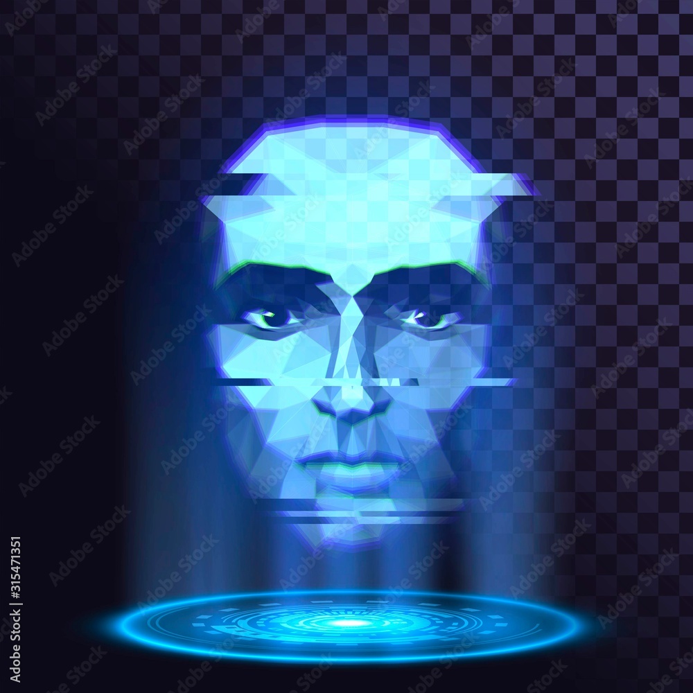 Blue luminous hologram with a human face on a transparent background - obrazy, fototapety, plakaty 
