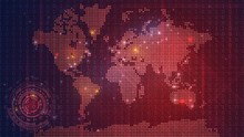 Dark Red Technological Map Of The World With Luminous Dots, Global Information Network On A Digital Screen