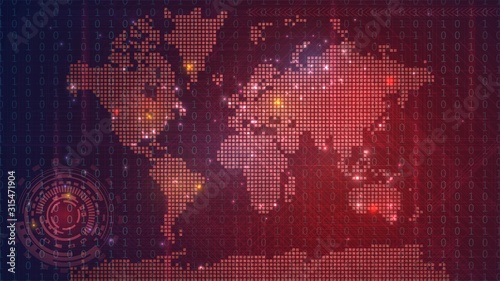 Cuadros en Lienzo Dark red technological map of the world with luminous dots, global information n