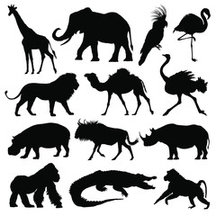 African animals silhouettes set. Giraffe, elephant, antelope, hippopotamus, rhinoceros, camel, ostrich, crocodile, flamingo, cockatoo, baboon, gorilla, lion. Vector illustration.