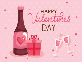 Sticker - happy valentines day card with bottle wine and decoration vector illustration design