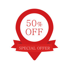 Poster - red ribbons banner special offer with a location sign and a discount of up to 50. vector illustratio