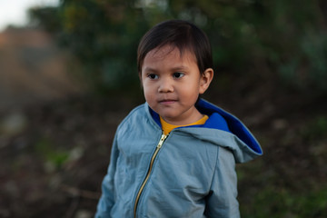 A little boy wearing a hoodie jacket and with an inquisitive facial expression while on a hiking trail.