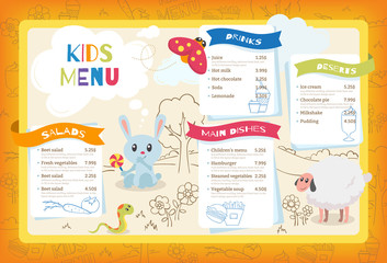 Cute colorful kids meal menu. Placemat vector template with cartoon little animals, flowers and tree. Funny rabbit, sheep, snake and bee