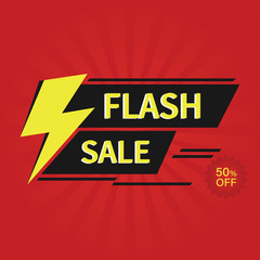 Flash Sale Sign with Bright Yellow Lightening Bolt in Red abstract starbursts background