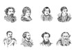 Portraits of 1800s people head and shoulders, vintage black and white illustrations
