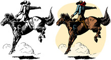 A Cowboy Rides A Bucking Bronco In A Rodeo Performance.