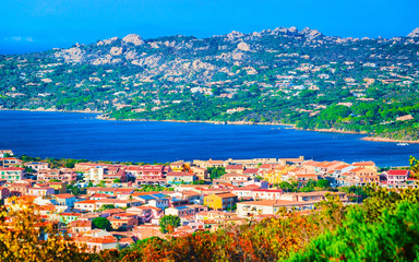 Wall Mural - Panorama and landscape at La Maddalena of Costa Smeralda at Mediterranean sea in Sardinia island of Italy. Boats at Sardegna in summer. Olbia province. Mixed media.