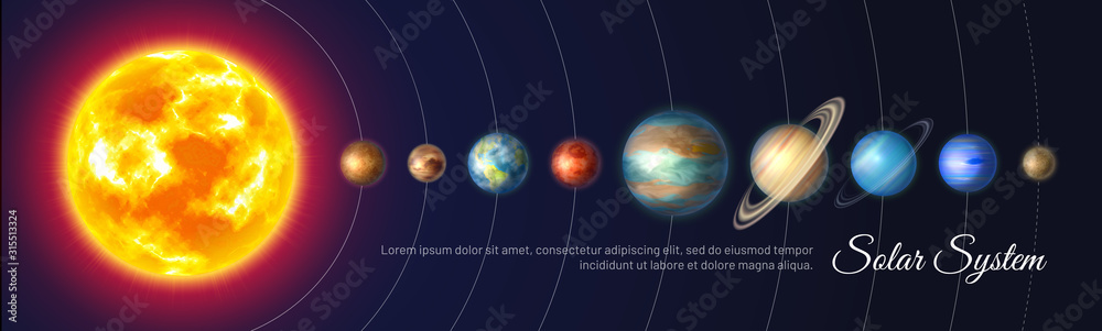 Colorful solar system with nine planets and satellites. Astronomy banner with planet stand in row. Galaxy discovery and exploration. Realistic planetary system and deep space vector illustration. - obrazy, fototapety, plakaty 