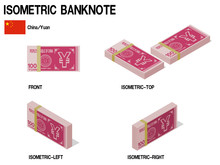Set Of Isometric Yuan Banknote On White Background