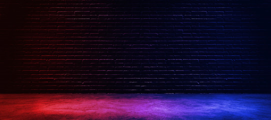 Wall Mural - studio dark room with lighting effect red and blue on black brick wall gradient background for inter