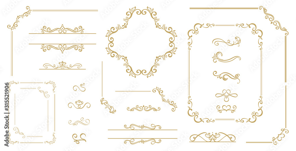 Luxury Gold vintage invitation vector set. Ornamental curls, dividers ...