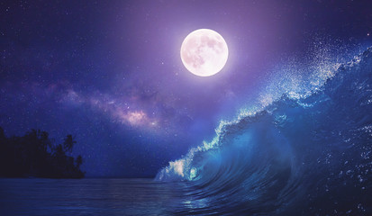 Wall Mural - beautiful night ocean scenery with surfing wave and full moon on tropical background