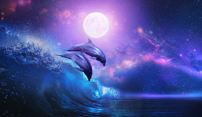 Wall Mural - night ocean with a pair of beautiful dolphins leaping from sea on surfing wave and full moon shining