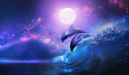 Wall Mural - night ocean with a pair of beautiful dolphins leaping from sea on surfing wave and full moon shining