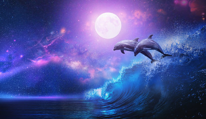 Wall Mural - night ocean with a pair of beautiful dolphins leaping from sea on surfing wave and full moon shining
