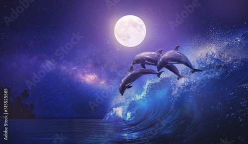 Cuadros en Lienzo Night ocean with three playful dolphins leaping from sea on surfing wave and ful
