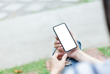 Mockup image blank white screen cell phone.man hand holding texting using mobile.background empty space for advertise text.people contact marketing business,technology 