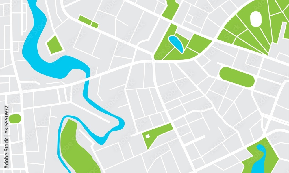 City map with parks and squares, rivers and ponds. Town streets and ...