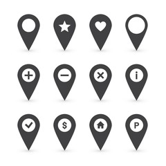 Poster - Black pin icon set. Gps pointer mark. Location map symbol of home, bank, parking etc 