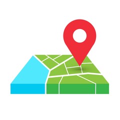 Poster - 3d red direction pin on square city map, gps navigation and travel location template. pointer icon