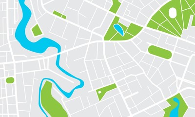 City map with parks and squares, rivers and ponds. Town streets and avenues. Urban gps navigation plan