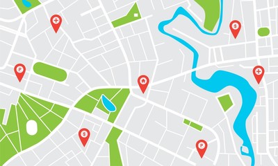 Poster - city map with pins. town streets and avenues, parks and squares, rivers and ponds. urban gps navigat