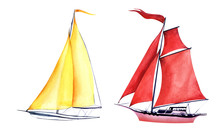 Decorative Elements. Lightweight Pink Abstract Sailing Yacht With Red Sails. Yellow Sailing Ship With Orange Waving Flag. Hand Drawn Watercolor Illustration. Light Pleasure Yacht Sailboat