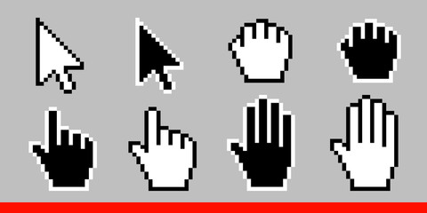Leinwandbilder - Black and white arrow pixel and pixel mouse hand cursors icon vector illustration set flat style design isolated on white background.