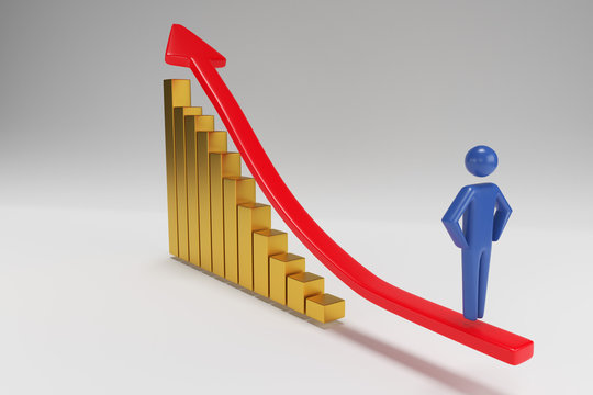 3d figures, person going up on the red arrow. 3d businessman rises according to the schedule. 3d rendering