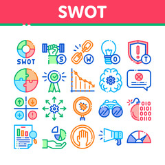 Poster - Swot Analysis Strategy Collection Icons Set Vector Thin Line. Swot Infographics And Broken Chain, Lightbulb, Shield And Brain With Gear Concept Linear Pictograms. Color Contour Illustrations
