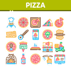 Sticker - Pizza Delicious Food Collection Icons Set Vector Thin Line. Pizza With Seafood And Vegetable, With Chicken And Cheese, Cook And Delivery Concept Linear Pictograms. Color Contour Illustrations