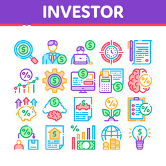 Poster - Investor Financial Collection Icons Set Vector Thin Line. Investor With Money Dollar And Lightbulb, Brain With Percentage Mark And Document Concept Linear Pictograms. Color Contour Illustrations