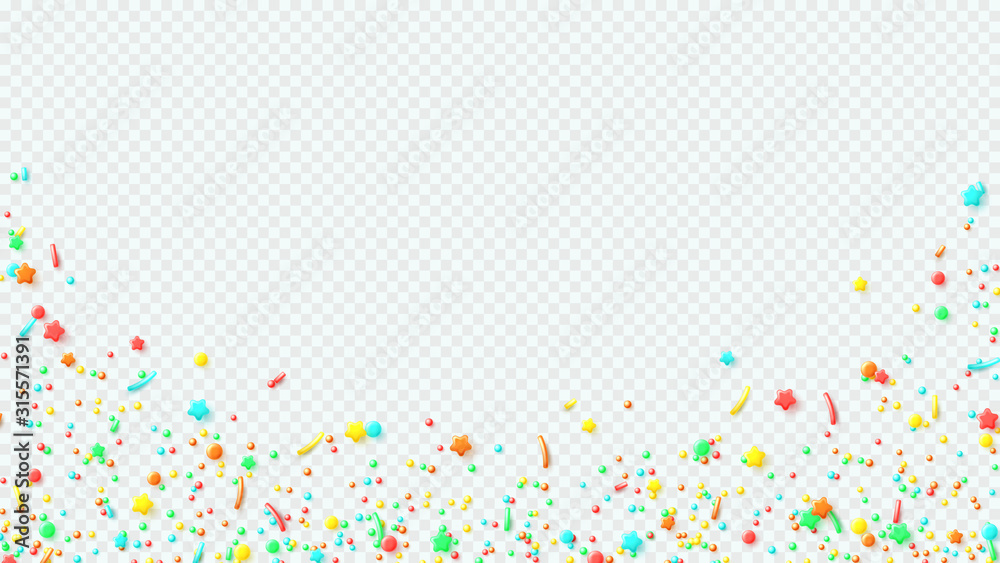 Decoration banner with colorful sprinkled sweets. Vector illustration with realistic colorful tiny candies isolated on transparent background. Decorative elements. - obrazy, fototapety, plakaty 