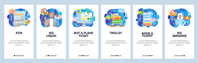 Aufkleber - Airport terminal icons, book flight online, trolley, no smoking sign. Mobile app onboarding screens. Menu vector banner template for website and mobile development. Web site design flat illustration