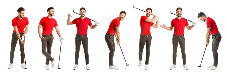 Wall Mural - Collage with handsome male golfer on white background